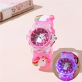 Cute pink unicorn quartz watch for kids with LED light and rainbow silicone strap - Rose Red