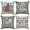 Set of 4 Christmas linen pillow covers with tree, snowflake and reindeer patterns - 18x18 Inch / Grey Wood Lattice Set / Set of 4