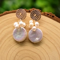 Baroque natural pearl drop earrings with golden woven rings and 925 silver needles - Lollipop Round Disc Earrings