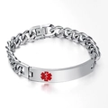 Silver stainless steel medical alert bracelet with red star of life symbol - 21.5cm (BR-102-1) / Silver