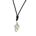 Detail view of handmade wire-wrapped natural crystal mushroom pendant on brown rope cord - Opal
