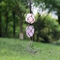 Handmade rose quartz raw stone pendant with woven net and silver moon star charm - Rose Quartz + Amethyst (Brown Rope)