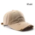 Distressed khaki washed cotton baseball cap with vintage frayed holes and sun protection - Khaki