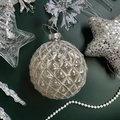 Mercury glass Christmas ball with lattice texture and silver hanging cap - Pearly Ancient Silver Lattice Glass Ball 8CM