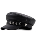 Black PU leather newsboy hat with silver V-shaped metal chain and vintage punk style - M (56-58cm) / Black