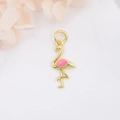 Pink flamingo charm in 18k gold plating with enamel wings for DIY jewelry making - Pink