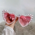 Pink heart-shaped sunglasses featuring glitter resin frames and white pearl embellishments - Glitter Pink Frame Pink Lens
