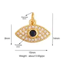 Golden Evil Eye pendant with blue stone and white zircons, 15mm length dimension view - Gold Blue Gem Eye