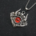 Gothic punk devil eye pendant necklace with red eyeball and skulls on a silver chain - Red Eye with Three Skulls