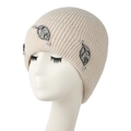 Oatmeal knitted beanie for women featuring decorative sparkling rhinestone leaf accents - Beige