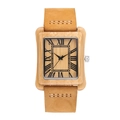 Square wood watch featuring black Roman numerals and light brown suede leather strap - Light Bamboo Wood