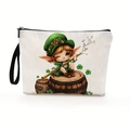 Borsa per trucco in tela San Patrizio con folletto, cerniera nera e cinturino da polso - Elfo Seduto Sul Barile (Stile 1)