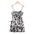 Detail of floral mini dress featuring lace trim neckline and adjustable side drawstring bows - S / Zebra Pattern