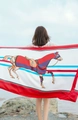 White silk shawl with red horse illustration and blue stripes for beach vacation - White Base Red & Blue Horse Pattern Style / Champagne / 180cm