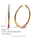 18K gold plated stainless steel 42.8mm hoop earrings with gradient rainbow crystals - Gold Multi-color Zirconia-43mm