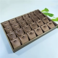 Professional 24-slot jewelry display tray with bronze satin lining and black metal hooks - Khaki + Brown Brushed Leather