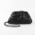 Elegant black woven leather dumpling bag with soft pleats and thin shoulder strap - Black