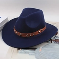 Dark blue wool felt fedora hat with brown leather rivet band displayed on books - Flat Brim Rivet Wave Decor / Navy Blue