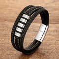 Bracciale multistrato in pelle nera intrecciata da uomo con chiusura magnetica in acciaio - Cuoio Nero Chiusura Argentata