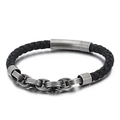 Braided black leather bracelet for men with vintage silver titanium steel buckle clasp - 21cm / Antique Silver/Boiled Black (KB130443-KFC)