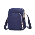 Detail view of small dark blue nylon crossbody phone bag with three golden zippers - Dark Blue