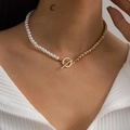 Chic layered necklace with white pearls, gold bead chain, and decorative OT toggle clasp - Gold Round Beads & Artificial Pearl Toggle Clasp Style (01 Gold White 5480) / Gold White