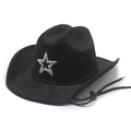 Ethnic style black suede jazz hat with silver rhinestone star and adjustable wind cord - M(56-58cm) / Black