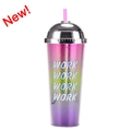 24oz purple teal gradient glitter straw cup with silver dome lid and WORK text - Style S/Purple Green Work