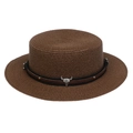 Dark brown flat top straw hat featuring a western style bull head buckle and leather band - Cow Skull Studded Belt Style (298D)