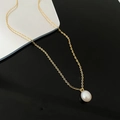French vintage style gold titanium necklace with a natural white pearl pendant - 05-E1 Titanium Steel Natural Pearl Necklace Gold White