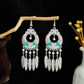Close-up of bohemian earrings with colorful enamel and silver-tone feather charms - E6109-2 Feather Oil