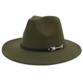 Détail du chapeau fedora vert olive avec ruban en cuir noir et boucle en métal doré - M(56-58cm) / Vert Armée (Double Bande)
