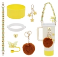 Detail view of yellow cup boot, daisy woven strap, and bow straw cover accessories - 7-Piece Set 22-Yellow Bow Pompon