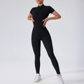 Combinaison de sport noire à manches courtes avec col zippé pour yoga et fitness - S / Noir