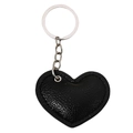 Textured black leather heart keychain with metal ring and stitched edge on white background - Black