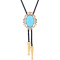 Golden crown Bolo tie with blue turquoise gemstone and black braided leather cord - 15 (Gold with Blue Stone)