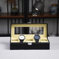 Black PU leather 6-slot watch box with transparent glass window and beige velvet lining - 5 Slots