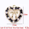 3D heart and bow charm in gold alloy with black enamel and faux pearls 21mm - 13819-KC Gold Plated-Glossy Black Enamel Heart Bow