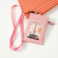Pink PU leather card holder with matching neck lanyard and functional zipper pocket - Pink