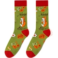 Detail of green knit socks featuring orange fox patterns and red toe accents - A1972-Grass Green Fox