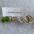 6-pair set of gold-tone geometric hoop earrings with green resin and white pearls - KC Gold (1191)
