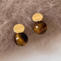 18k gold plated stud earrings with round tiger eye stones on brown fur background - Silver Earring Post-Gold-Coffee