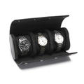 Portable black leather watch roll with three slots and velvet interior for travel - Smooth Black - 3 Slots