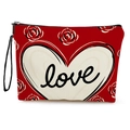 Pochette trucchi rossa con cuori bianchi, motivi floreali e scritta love in nero - Stile Rosa Cuore d'Amore (xy-062-2) / 17*25cm (Con Cinturino)