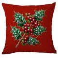 Red Christmas pillow cover with decorative jeweled holly branch and gemstone print - Jewelry Holly