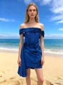 Blauwe satijnen mini-jurk met pofmouwen en gerimpelde taille, off-shoulder - S / Donkerblauw