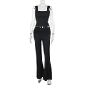 Detail of black two-piece set featuring a U-neck slim vest and flared pants texture - S / Black