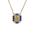 Golden pendant necklace with blue gemstone and relief figure on a box chain - Gold with Blue Stone