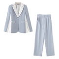 Women's 2-piece light blue suit set with white color blocking and wide-leg trousers - S / Light Blue And White Patchwork Blazer And Trousers Set