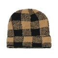 Detailed texture of thick checkerboard knit beanie with soft plush faux fur material - M (56-58cm) / Khaki